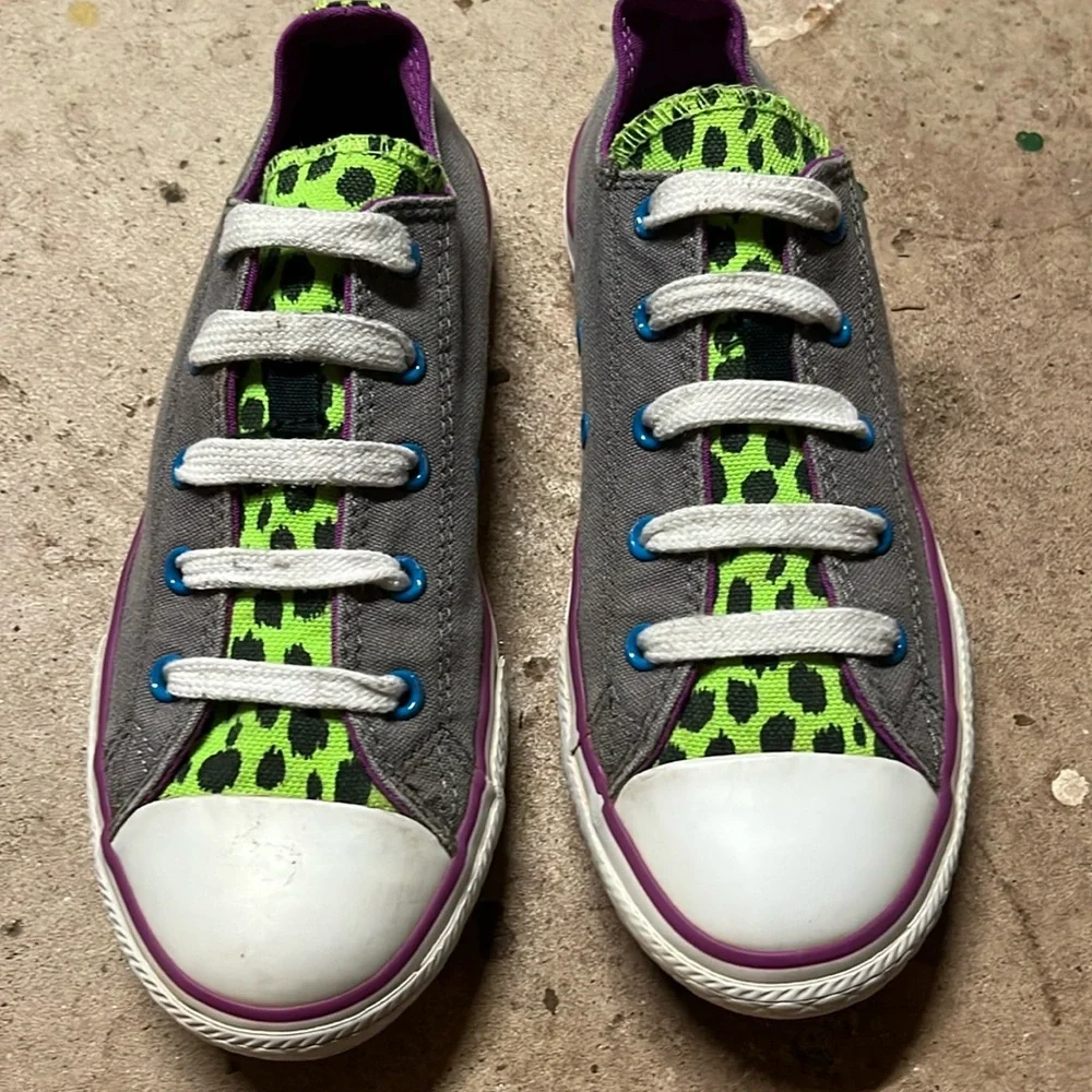 Converse All Star Shoes Gray Neon Animal Print Double Tongue Junior Size 3